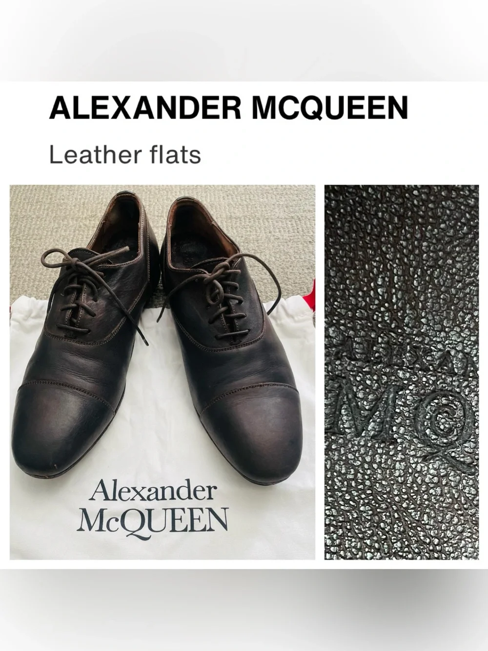 ALEXANDER McQUEEN Dark Brown Leather Cap-Toe Lace-Up Oxfords & Dust Bag- 43.5